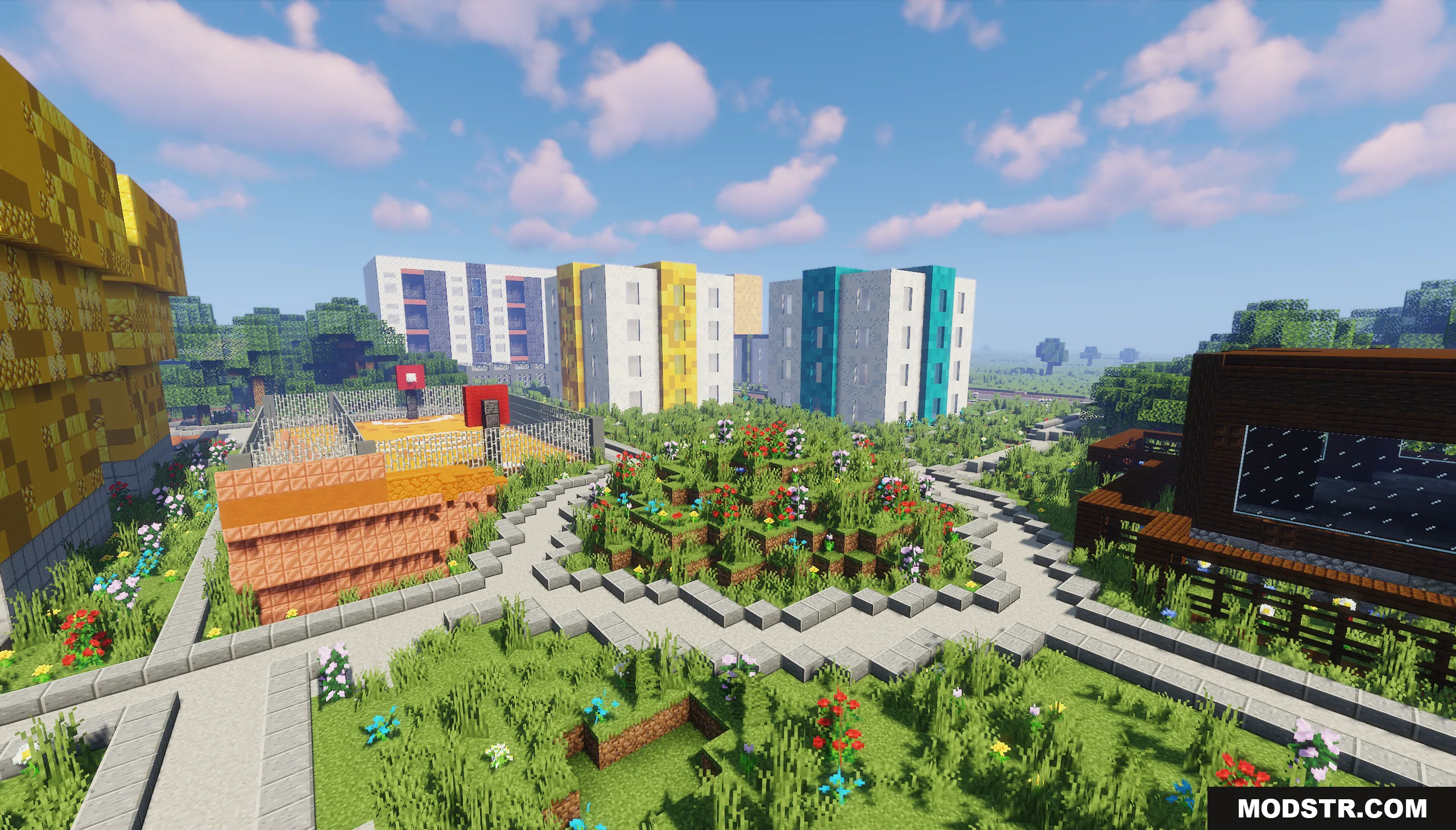 Pholon City Map Screenshot 5 Paved walkways winding through a grassy park near modern apartment buildings