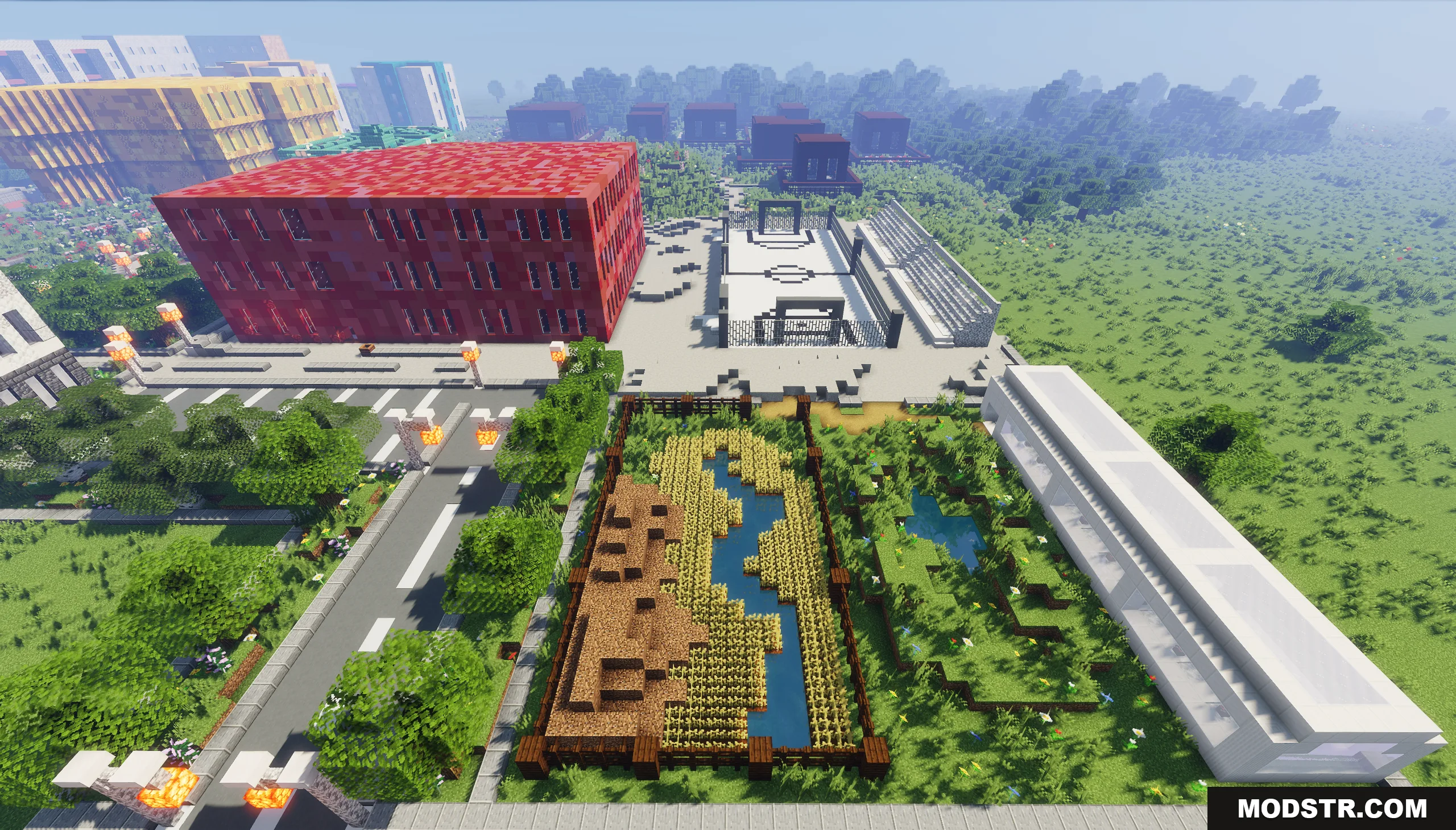Pholon City Map Screenshot 8 Aerial view of a modern city with a red building and white basketball court
