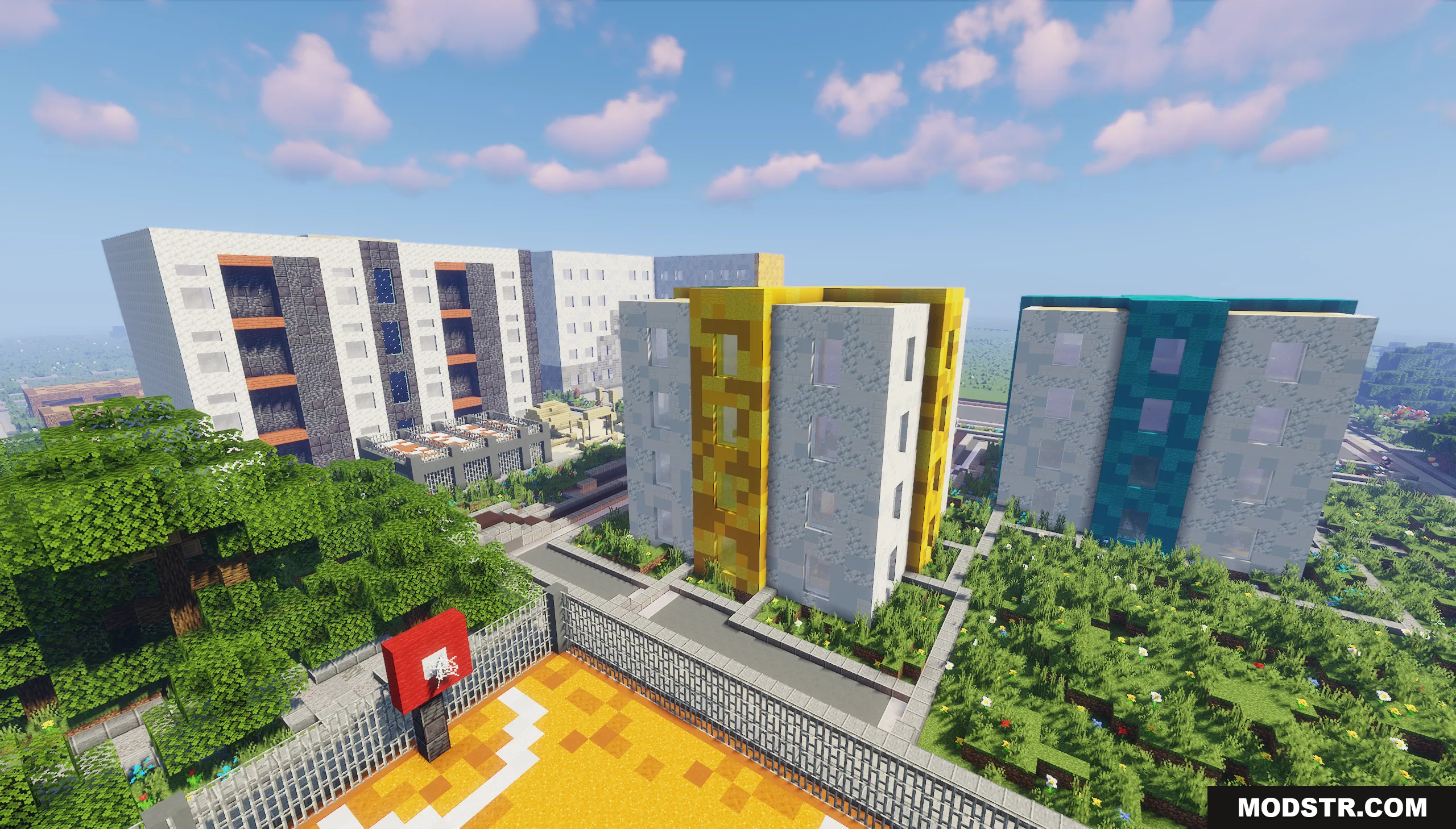 Pholon City Map Screenshot 6 Elevated view showing colorful modern apartment buildings next to a basketball court