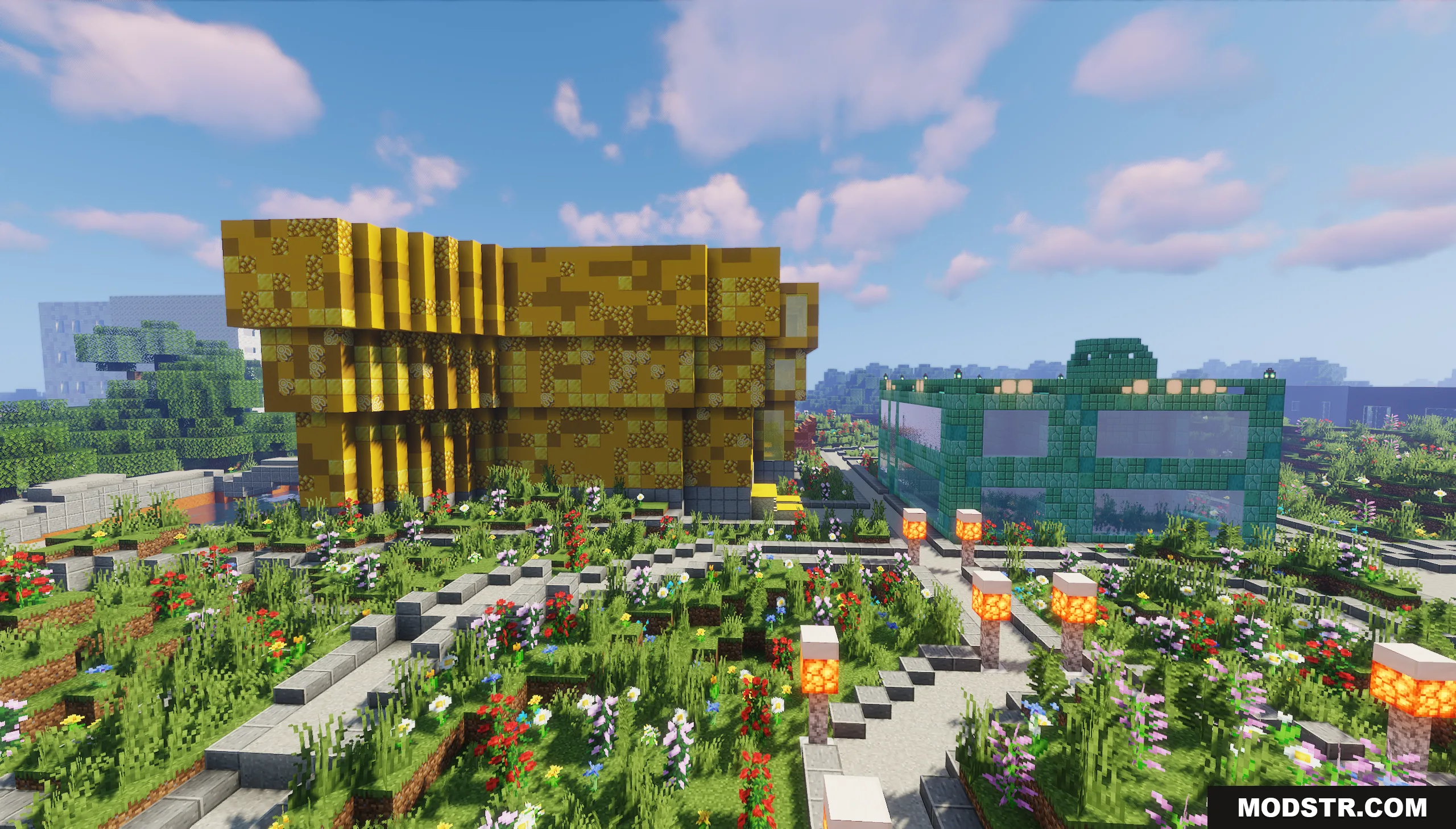 Pholon City Map Screenshot 3 Yellow and green glass buildings stand beside a detailed garden with stone paths
