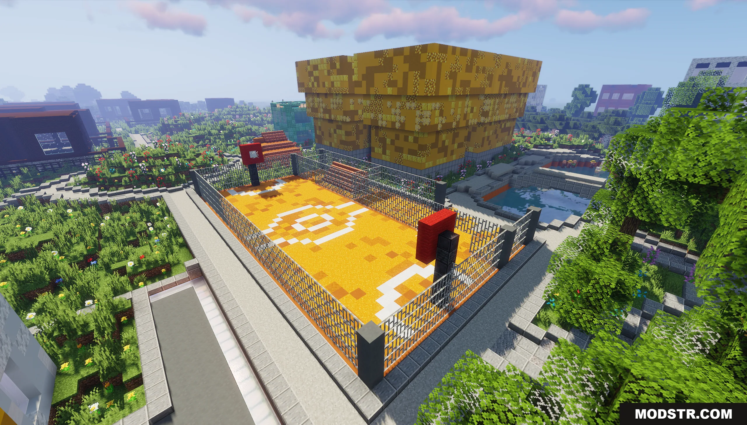 Pholon City Map Screenshot 7 Orange basketball court with white lines and fences in a Minecraft city area