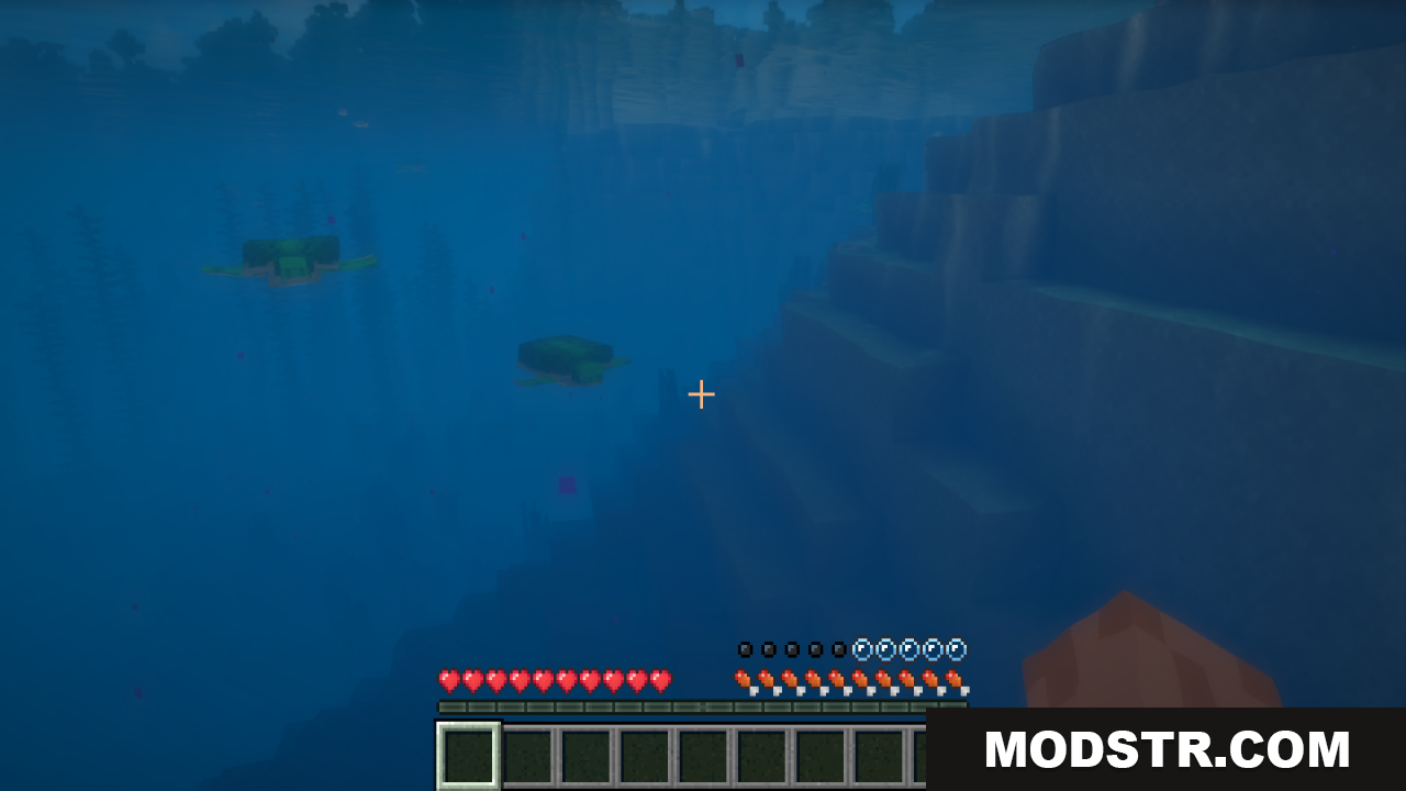 Pixels Simple Hud Texture Pack Resource Pack Screenshot 2 Swimming underwater with sea turtles displaying Pixels Simple Hud elements