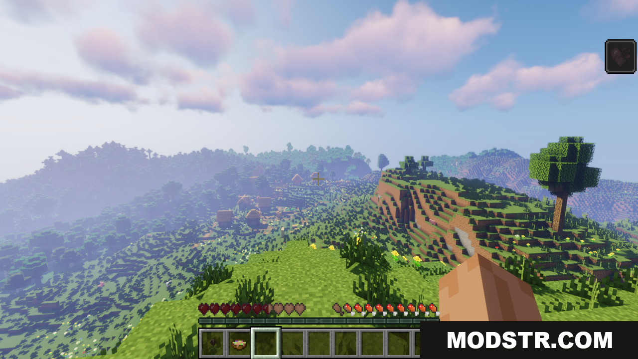Pixels Simple Hud Texture Pack Resource Pack Screenshot 6 Overlooking a village showing updated health and food bar textures