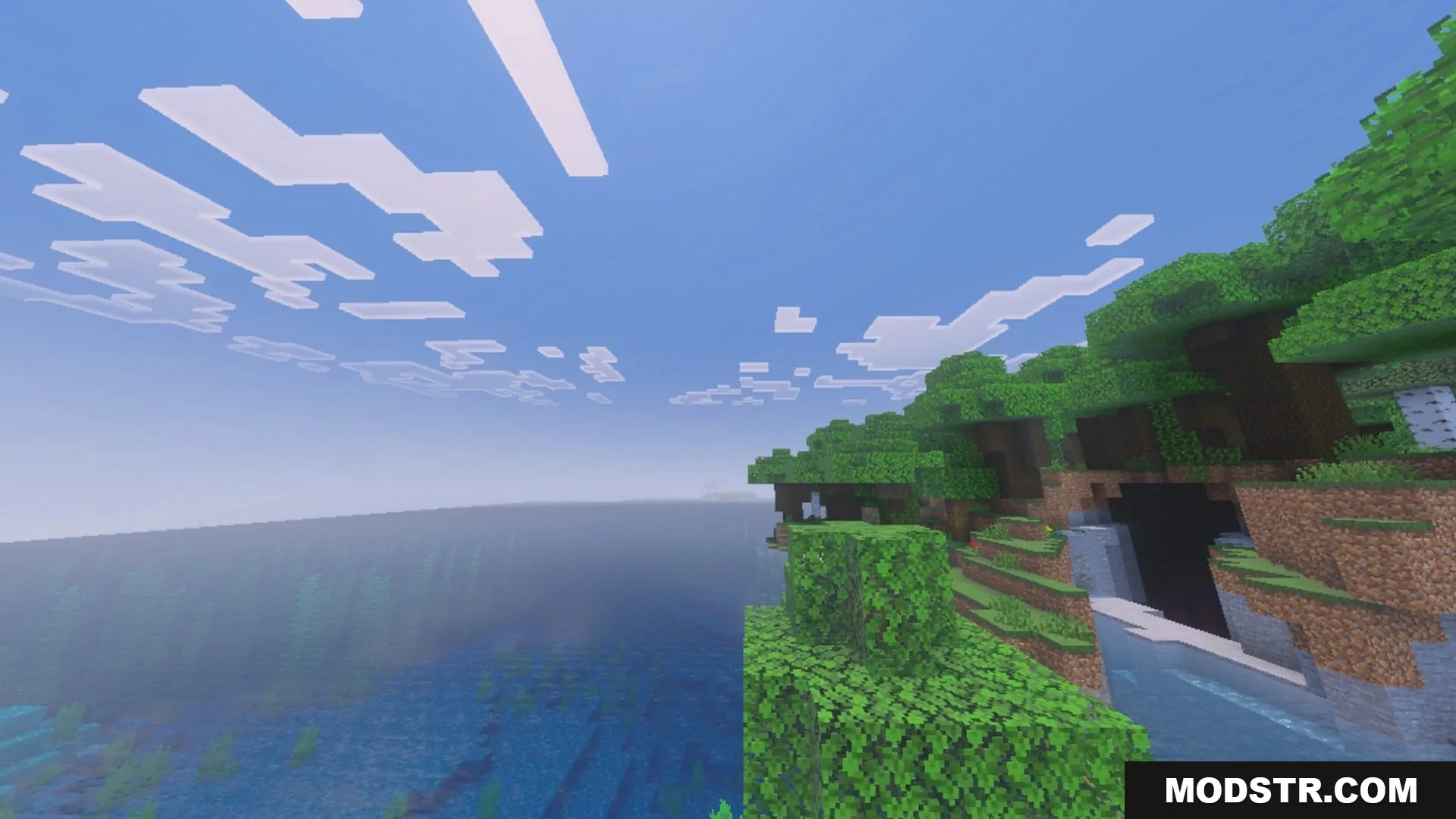 Pixie - Vibrant Visual PBR Shader Screenshot 1 Lush green trees and a waterfall overlooking a vast ocean under a bright sky