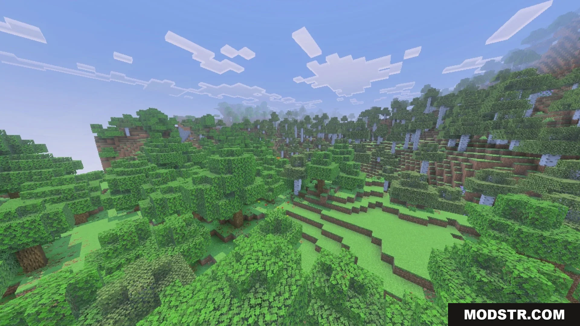 Pixie - Vibrant Visual PBR Shader Screenshot 6 Lush green forest with realistic lighting and soft clouds in the sky