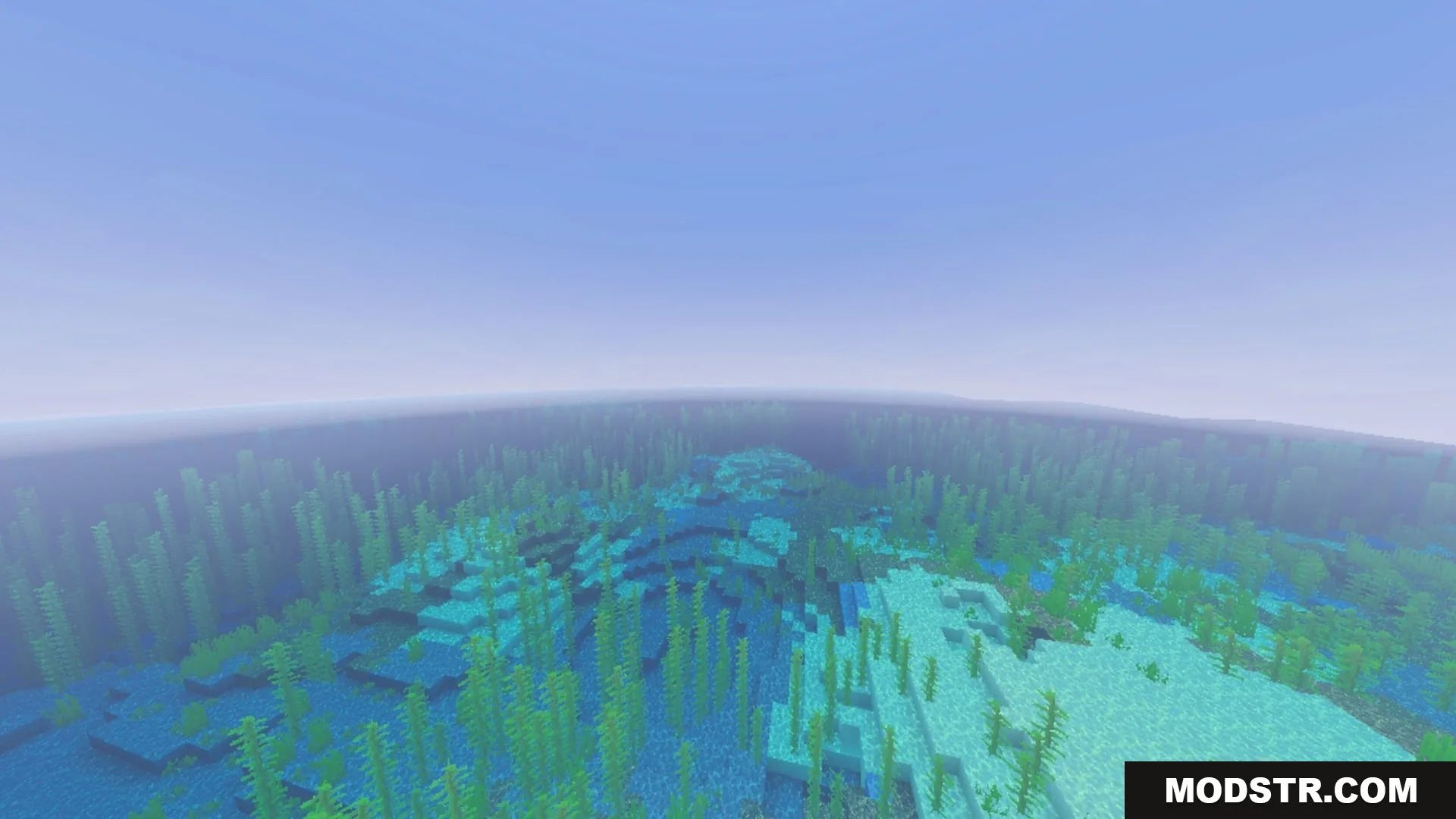 Pixie - Vibrant Visual PBR Shader Screenshot 3 Clear blue sky over a vast ocean filled with dense green kelp forests