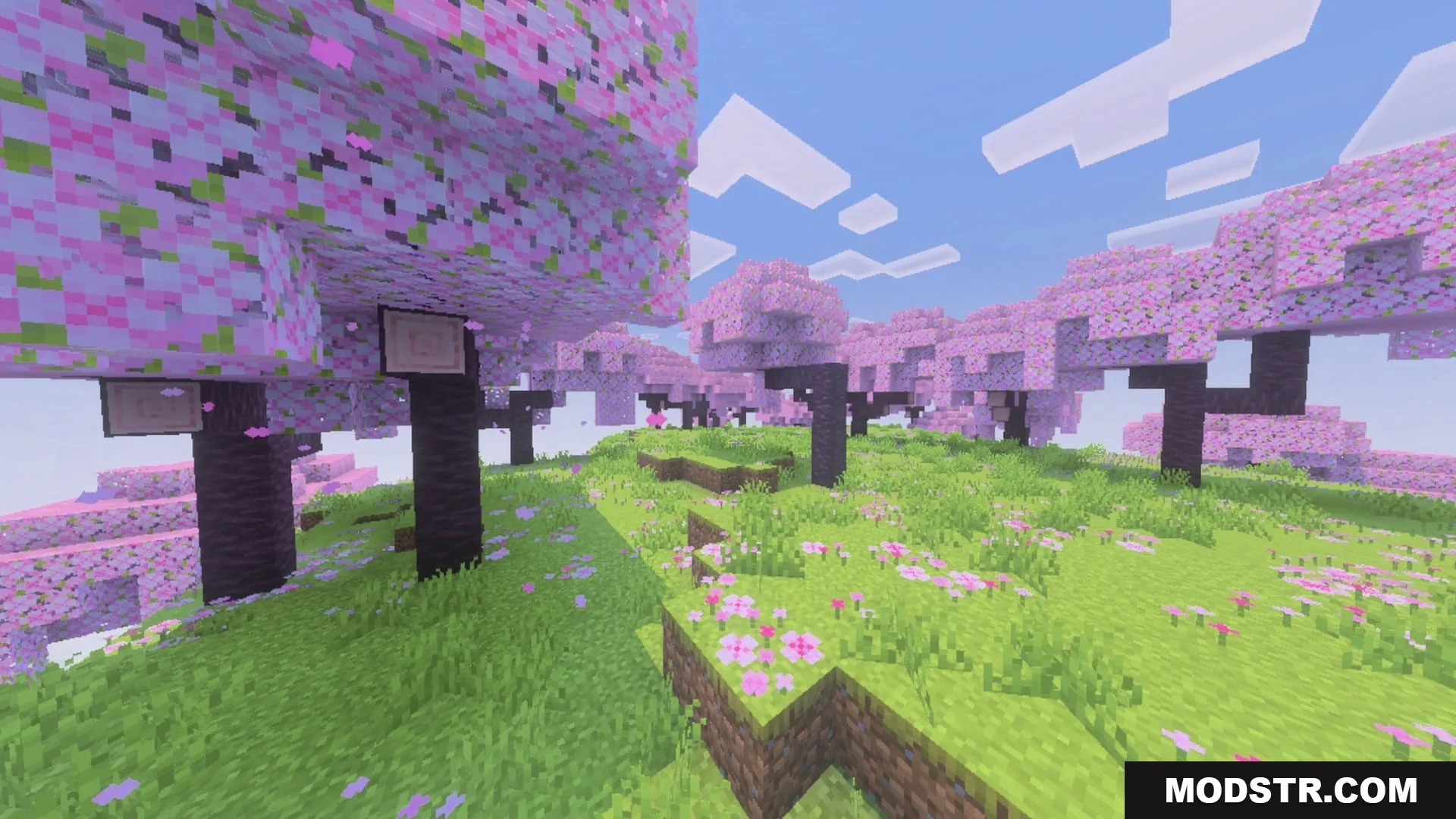 Pixie - Vibrant Visual PBR Shader Screenshot 5 Vibrant cherry blossom grove with realistic lighting and pink petals on the grass