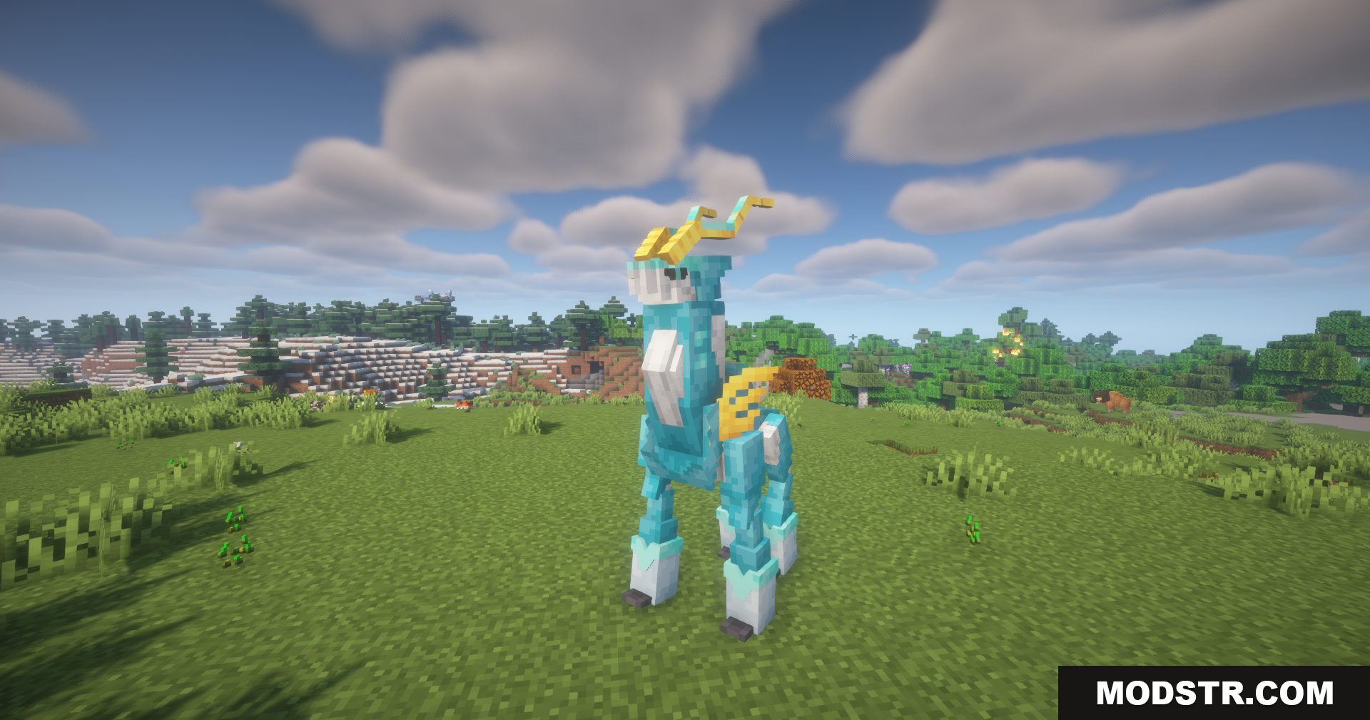 Planeta Cobblemon Pokemon Data Pack Screenshot 6 A side view of the blue and yellow Iron Crown Pokémon
