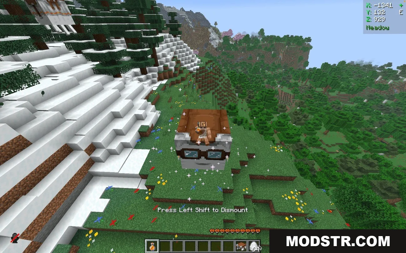 Pocket Phantom Protocol Data Pack Screenshot 7 A player riding a tamed Happy Ghast over a scenic Minecraft meadow