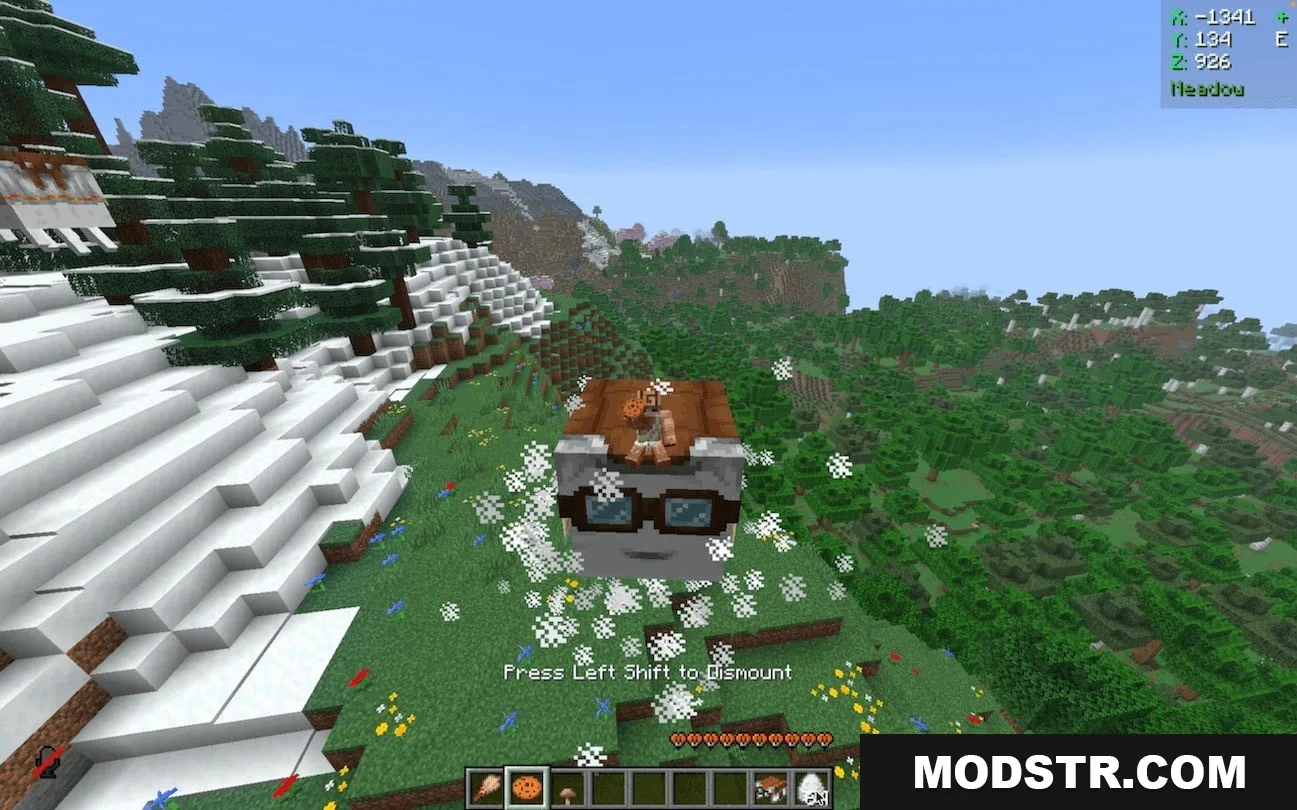 Pocket Phantom Protocol Data Pack Screenshot 3 Player riding a small Happy Ghast with goggles over a scenic flower meadow