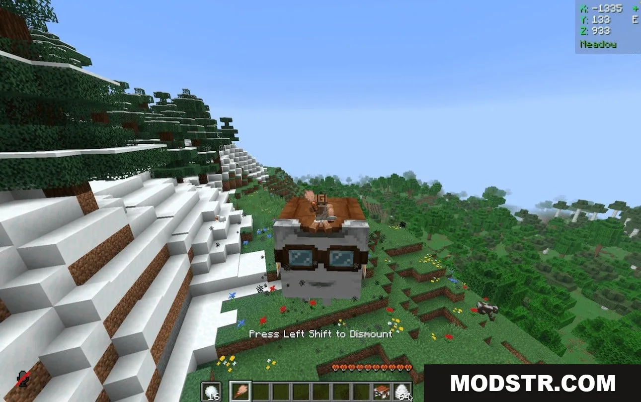 Pocket Phantom Protocol Data Pack Screenshot 1 Player riding a small Happy Ghast over a snowy mountain in Minecraft