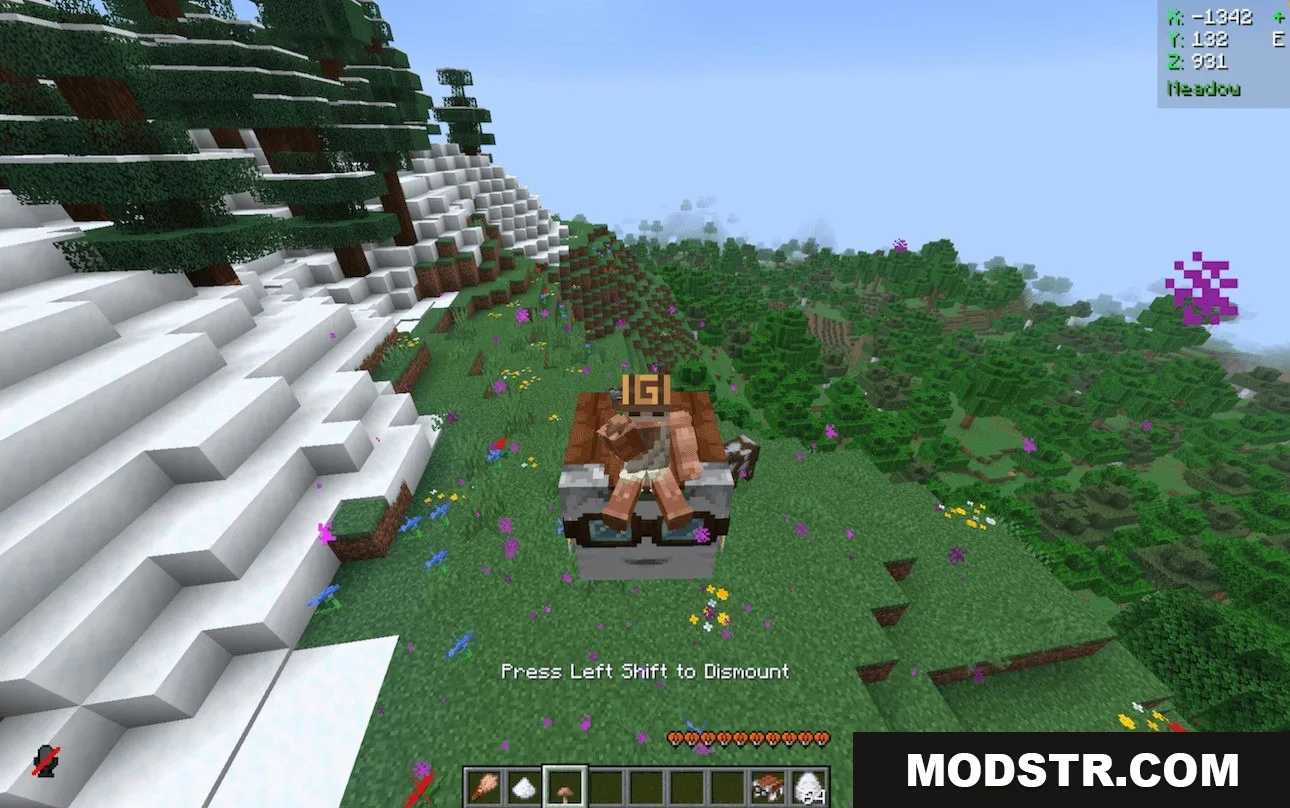 Pocket Phantom Protocol Data Pack Screenshot 5 A player character rides a small Ghast wearing goggles through a flowery meadow
