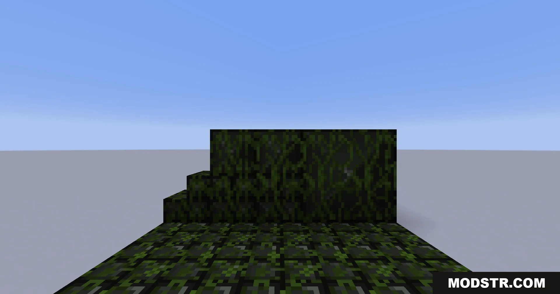Portal Mod Portal 1 Blocks Resource Pack Screenshot 6 Overgrown mossy variants of the blackplate blocks displayed in a flat world