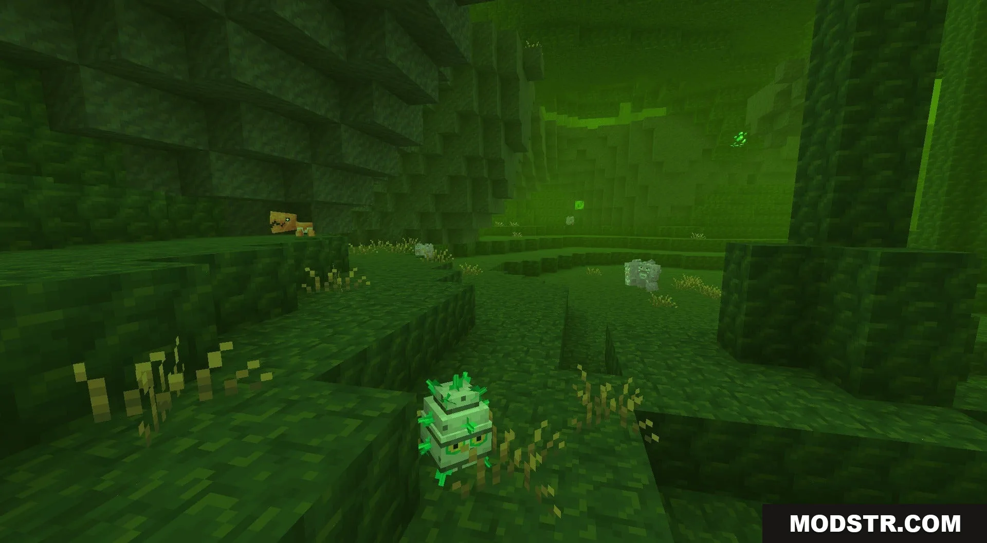 Primordial Pocket Monsters Data Pack Screenshot 2 A spiky green creature spawns in the radioactive fog of the Toxic Caves
