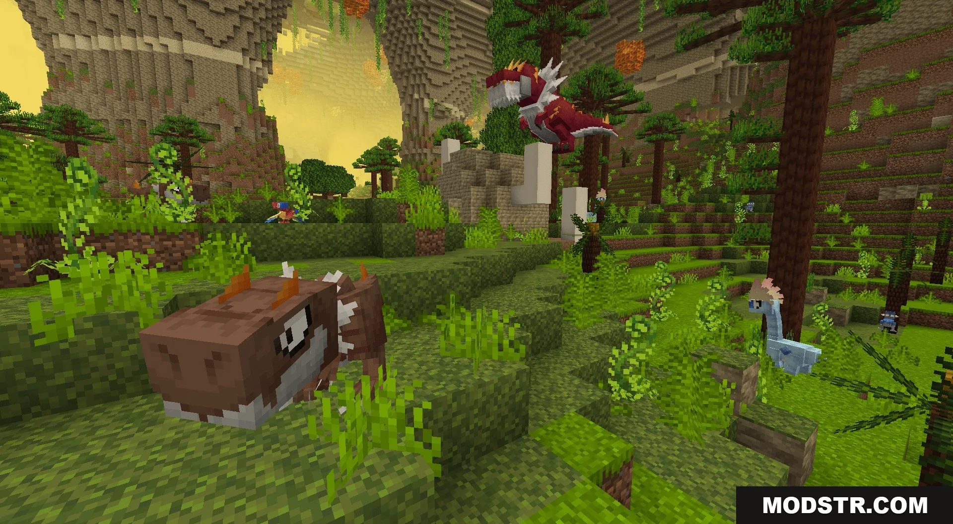 Primordial Pocket Monsters Data Pack Screenshot 6 Ancient fossil monsters like Tyrantrum and Bastiodon roaming through a lush jungle cave