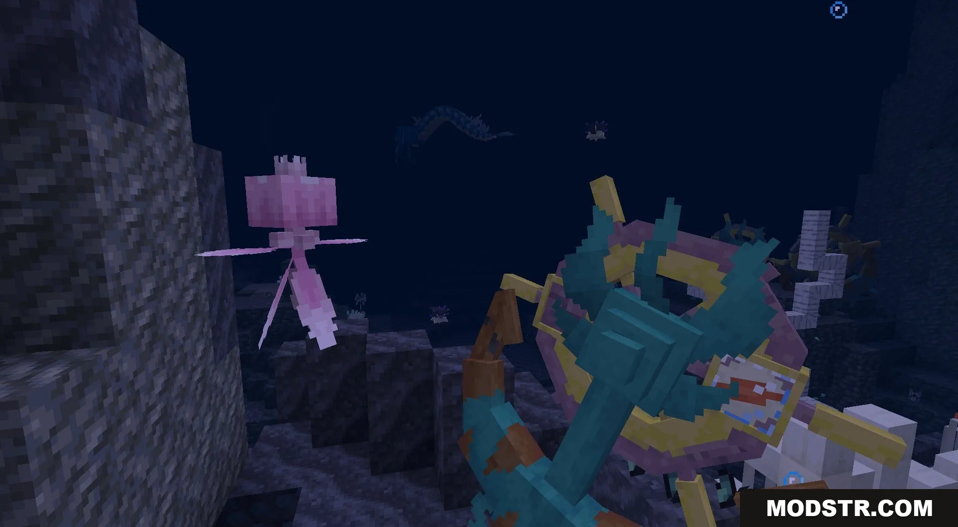 Primordial Pocket Monsters Data Pack Screenshot 1 Player explores the Abyssal Chasm with a trident near a pink jellyfish creature