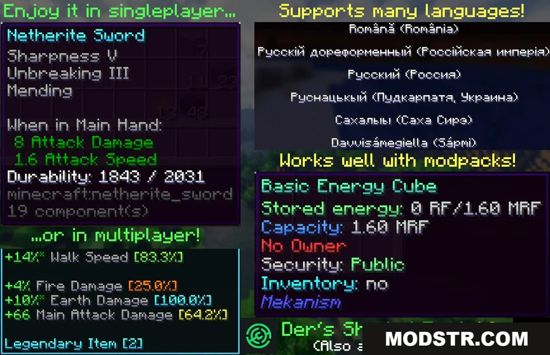 Prism Glyph Standard Resource Pack Screenshot 2 Item tooltips and language examples featuring colorful shaded text effects