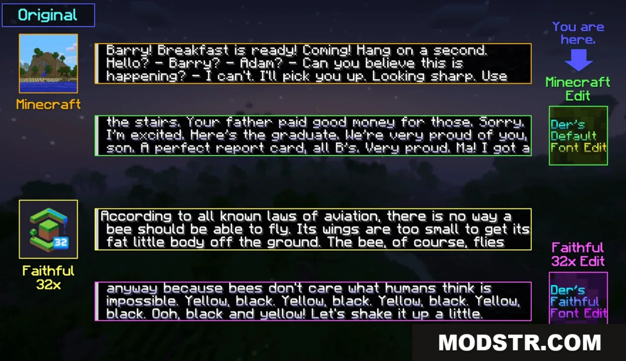Prism Glyph Standard Resource Pack Screenshot 5 Comparison of different font styles and colorful text shading in Minecraft menus