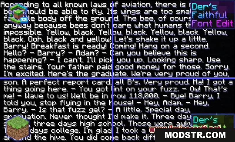 Prism Glyph Standard Resource Pack Screenshot 7 Minecraft font comparison showing text from Bee Movie script