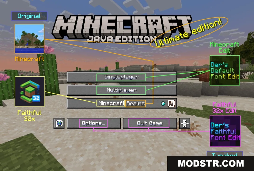 Prism Glyph Standard Resource Pack Screenshot 6 Minecraft main menu screen showing custom font styles on various navigation buttons