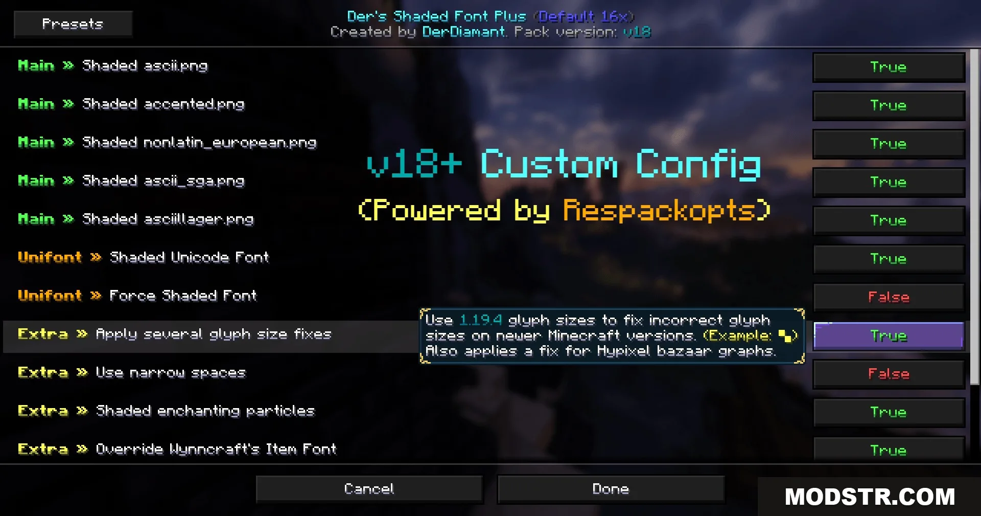 Prism Glyph Standard Resource Pack Screenshot 1 Minecraft settings menu displaying custom font configuration and toggle options