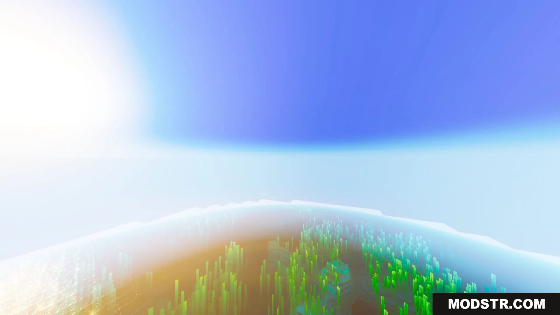 Prismatic Visuals Shader Screenshot 4 Bright sunlight and thick atmospheric fog over a vibrant landscape