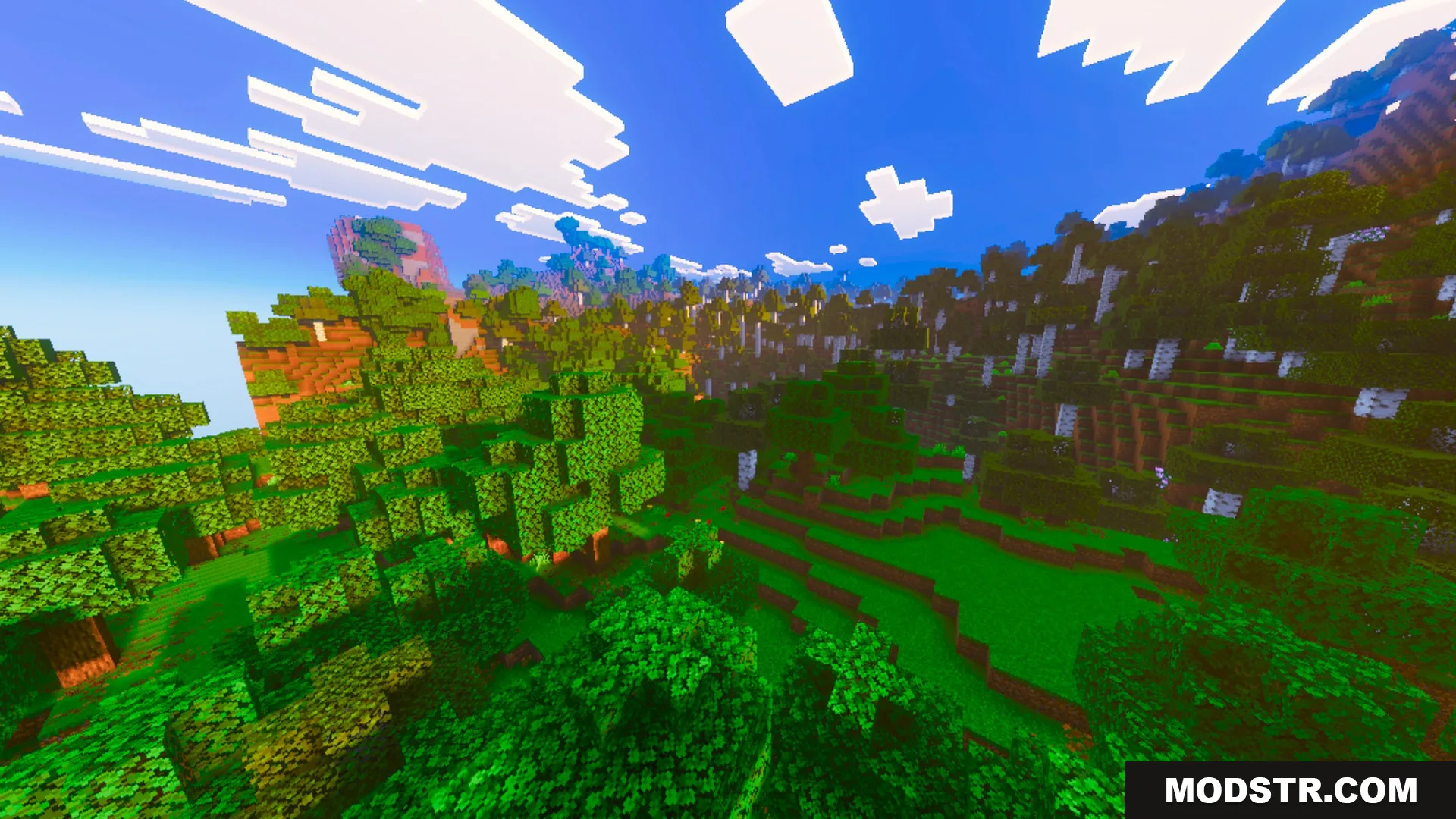 Prismatic Visuals Shader Screenshot 6 A lush green forest biome with rolling hills under a bright blue sky