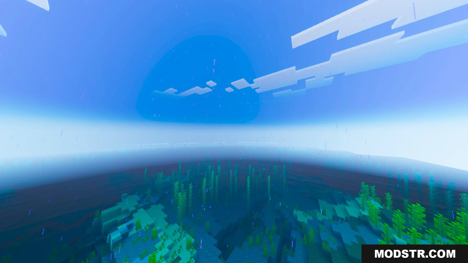 Prismatic Visuals Shader Screenshot 1 Vibrant underwater view of kelp under a bright blue sky with clouds