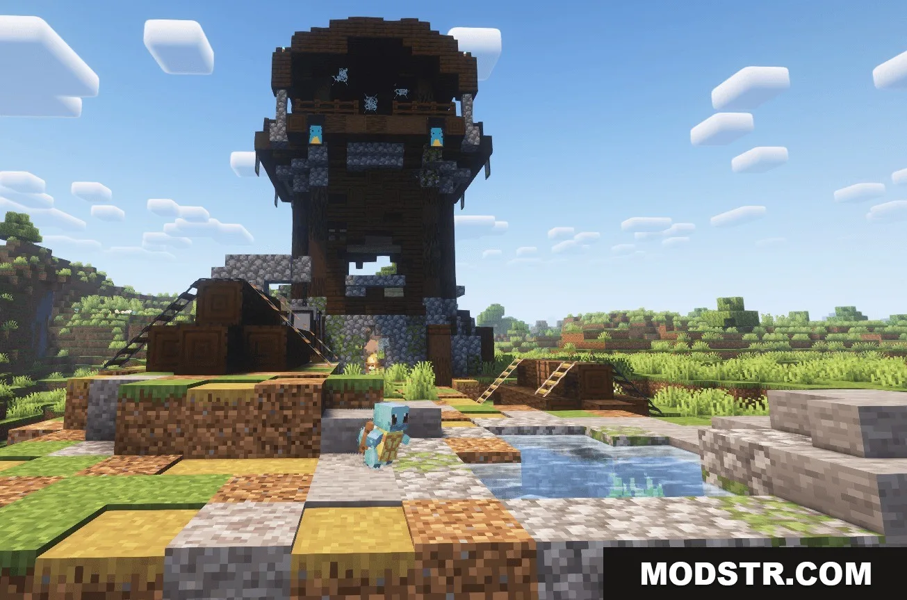 Professor Porker's Legendary Dungeons Data Pack Screenshot 9 A Squirtle stands near a massive wooden dungeon tower in the Minecraft world