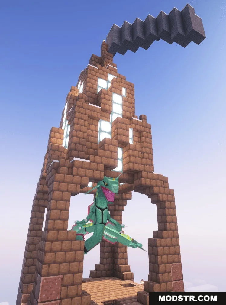 Professor Porker's Legendary Dungeons Data Pack Screenshot 8 Rayquaza perched inside a large brick dungeon tower against a clear sky