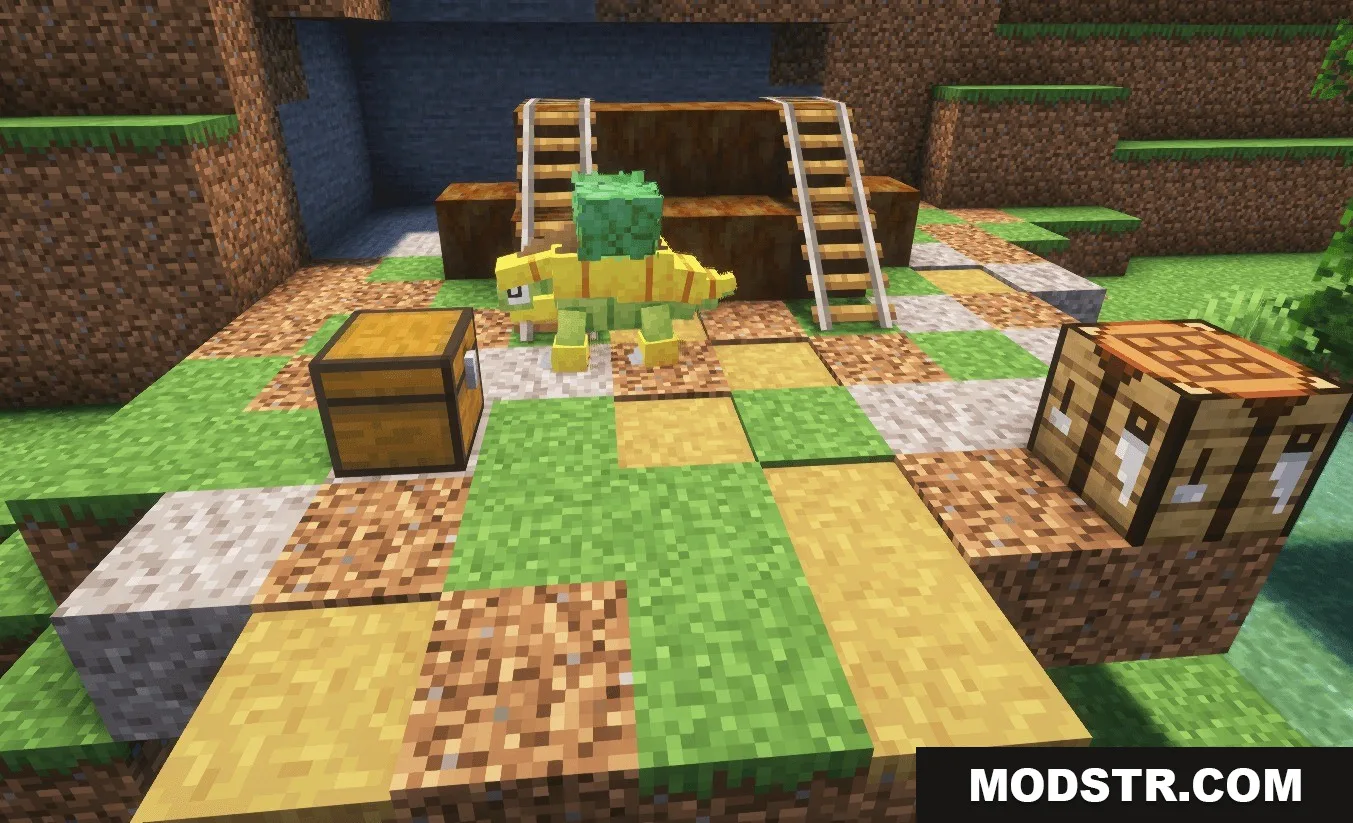 Professor Porker's Legendary Dungeons Data Pack Screenshot 4 A yellow creature stands near a chest and crafting table in Minecraft