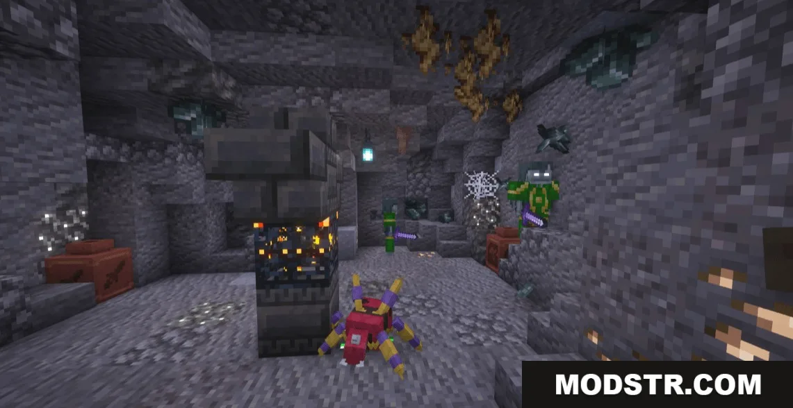 Professor Porker's Legendary Dungeons Data Pack Screenshot 1 A colorful spider and armored zombie guard a spawner in a dark cave