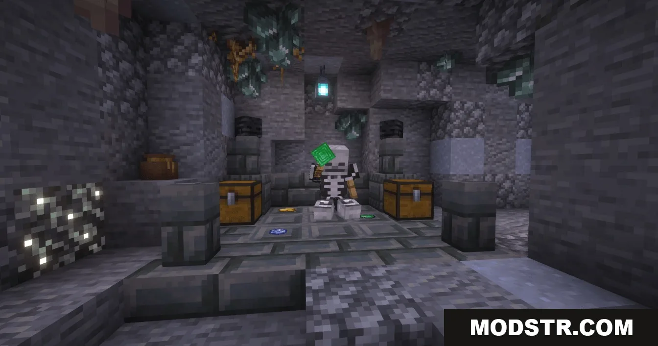Professor Porker's Legendary Dungeons Data Pack Screenshot 7 A skeleton sitting on a colored tile puzzle inside a stone dungeon