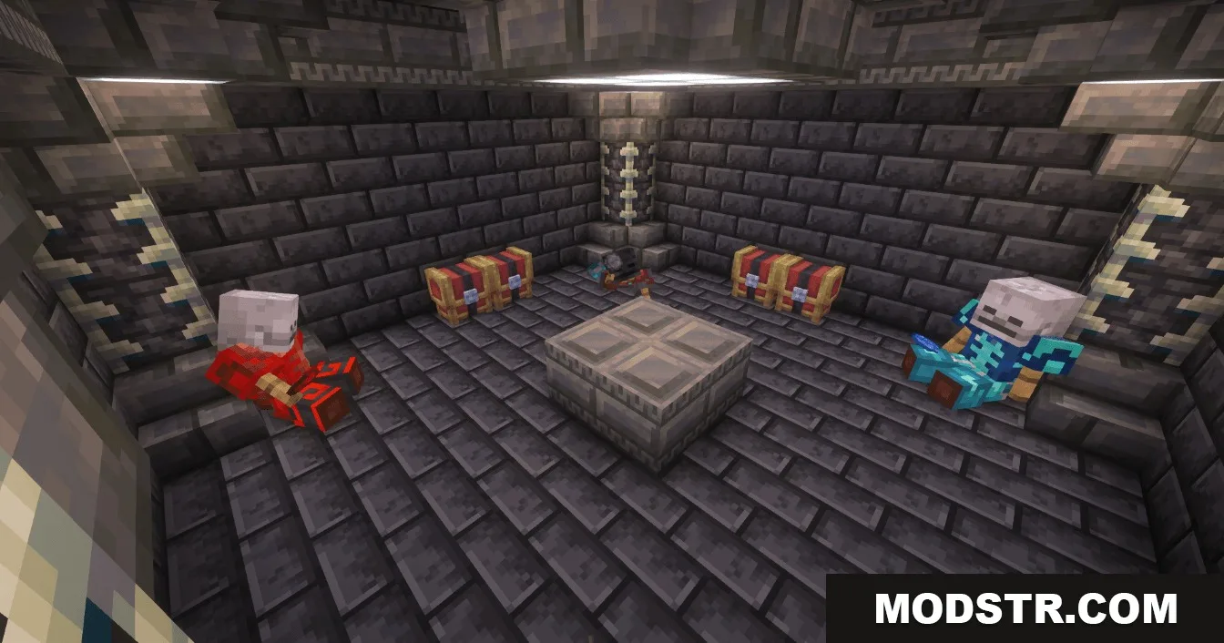 Professor Porker's Legendary Dungeons Data Pack Screenshot 5 Armored skeletons sit near treasure chests in a dark deepslate dungeon room