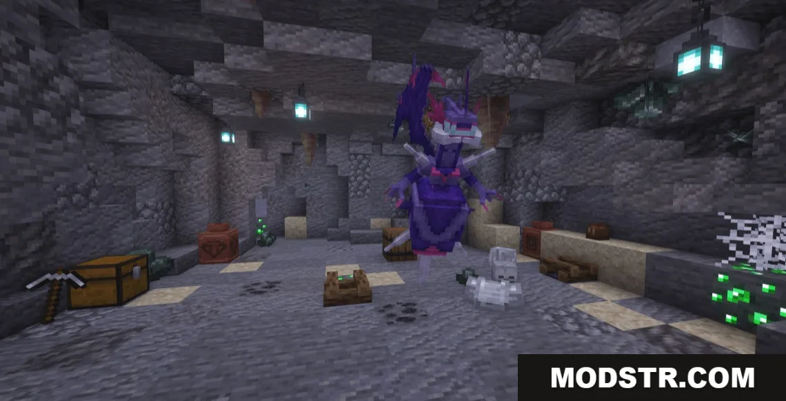 Professor Porker's Legendary Dungeons Data Pack Screenshot 2 A legendary boss floats in a treasure room filled with emerald ore blocks
