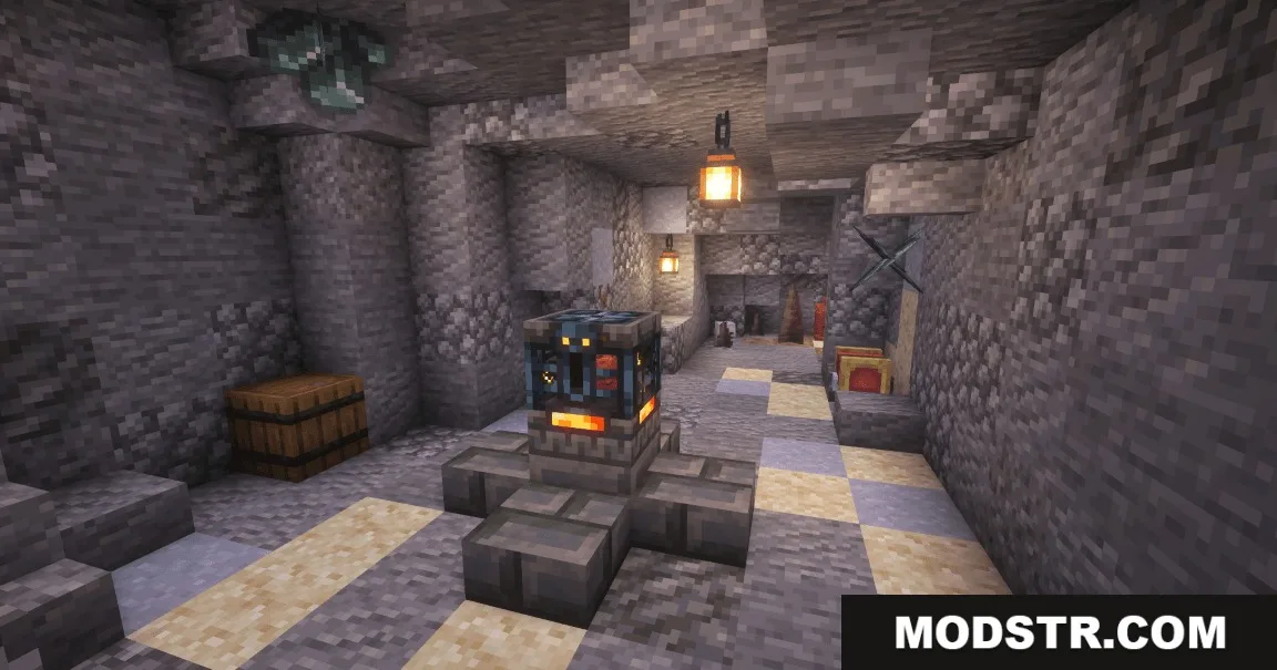 Professor Porker's Legendary Dungeons Data Pack Screenshot 6 A trial spawner stands in a stone corridor with suspicious sand blocks