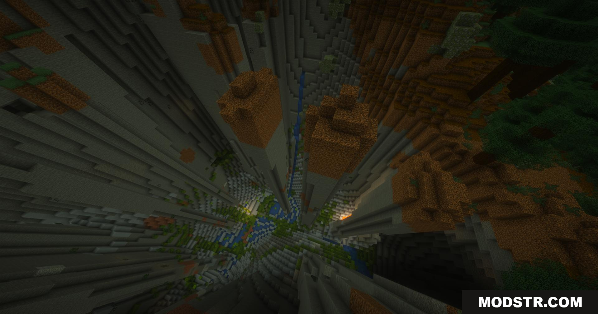 PureCraft Shaders Screenshot 8 View looking down into a deep stone ravine with water below