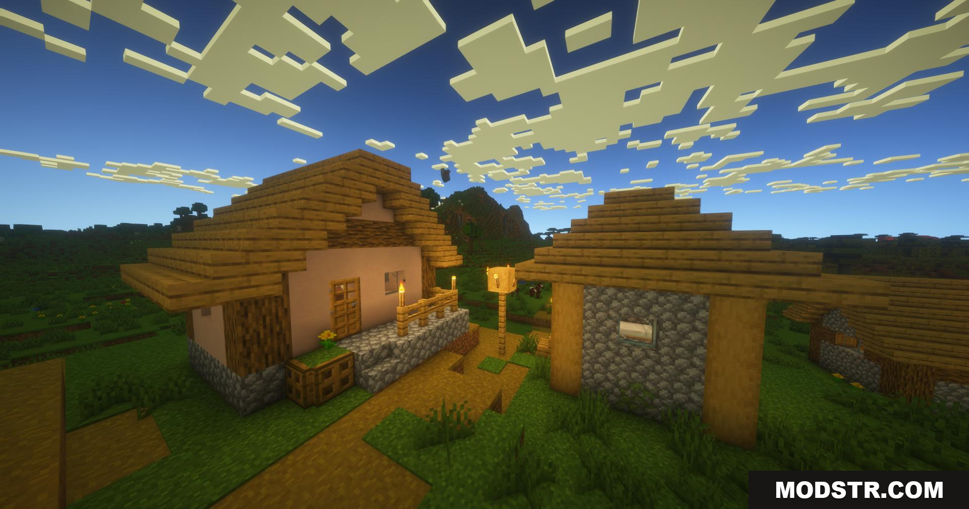 PureCraft Shaders Screenshot 4 Two village houses connected by a path with warm sunlight