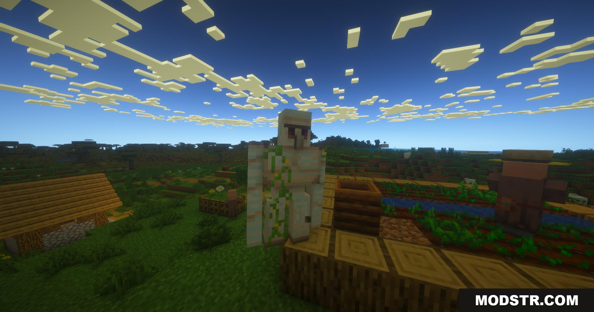 PureCraft Shaders Screenshot 3 Iron golem and farmer villager near crops with natural clouds