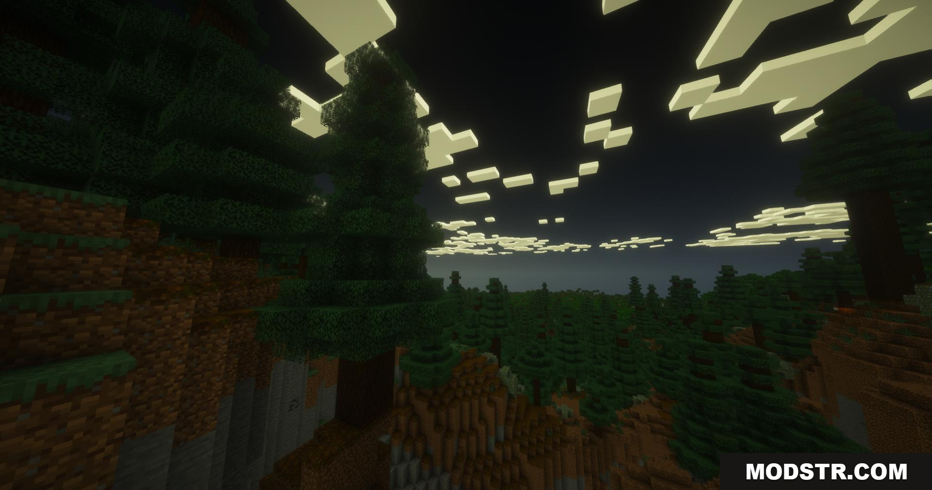 PureCraft Shaders Screenshot 9 Nighttime spruce forest view with enhanced lighting and blocky clouds
