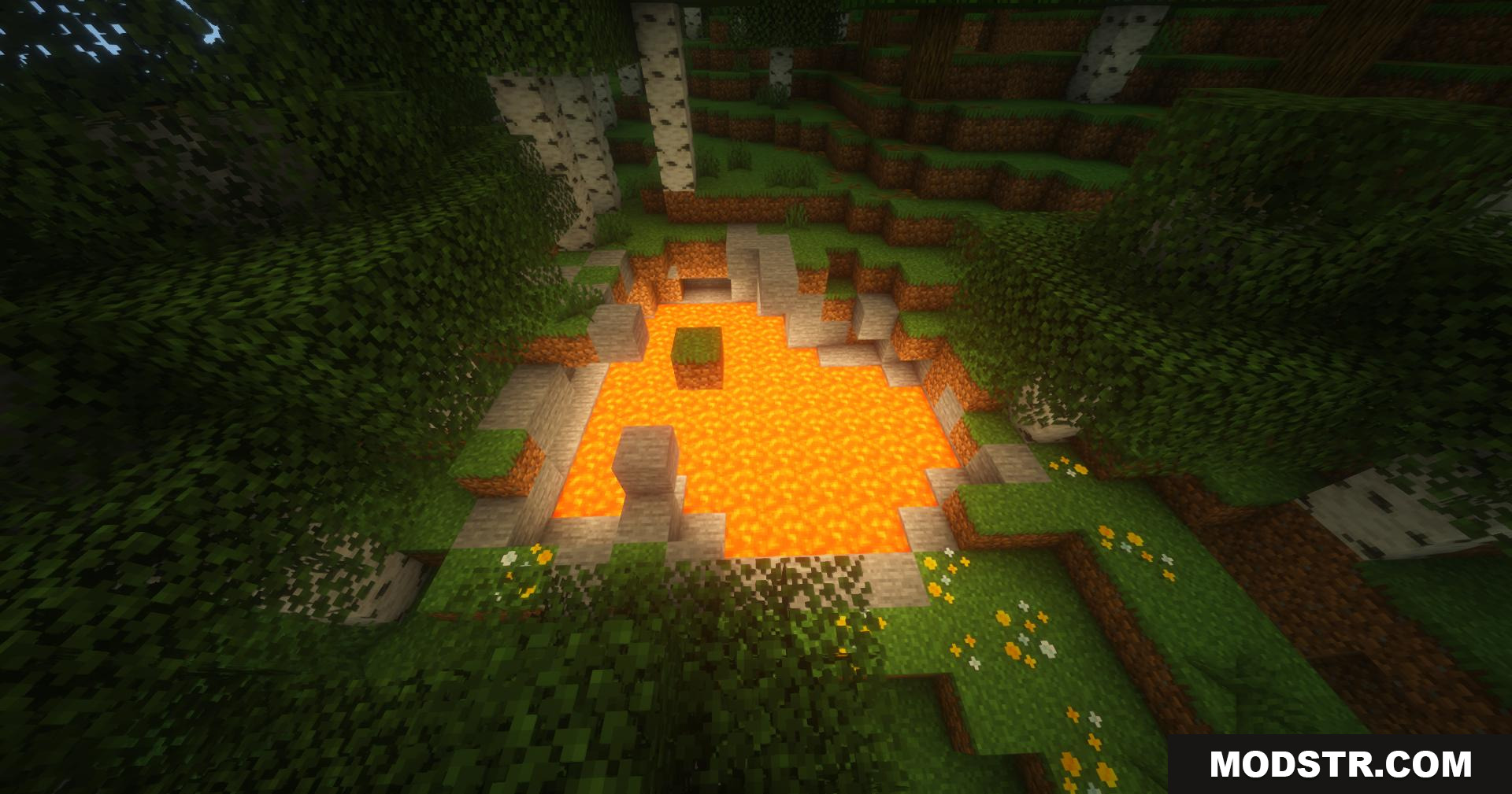 PureCraft Shaders Screenshot 5 Bright glowing lava pool in a birch forest with soft shadows