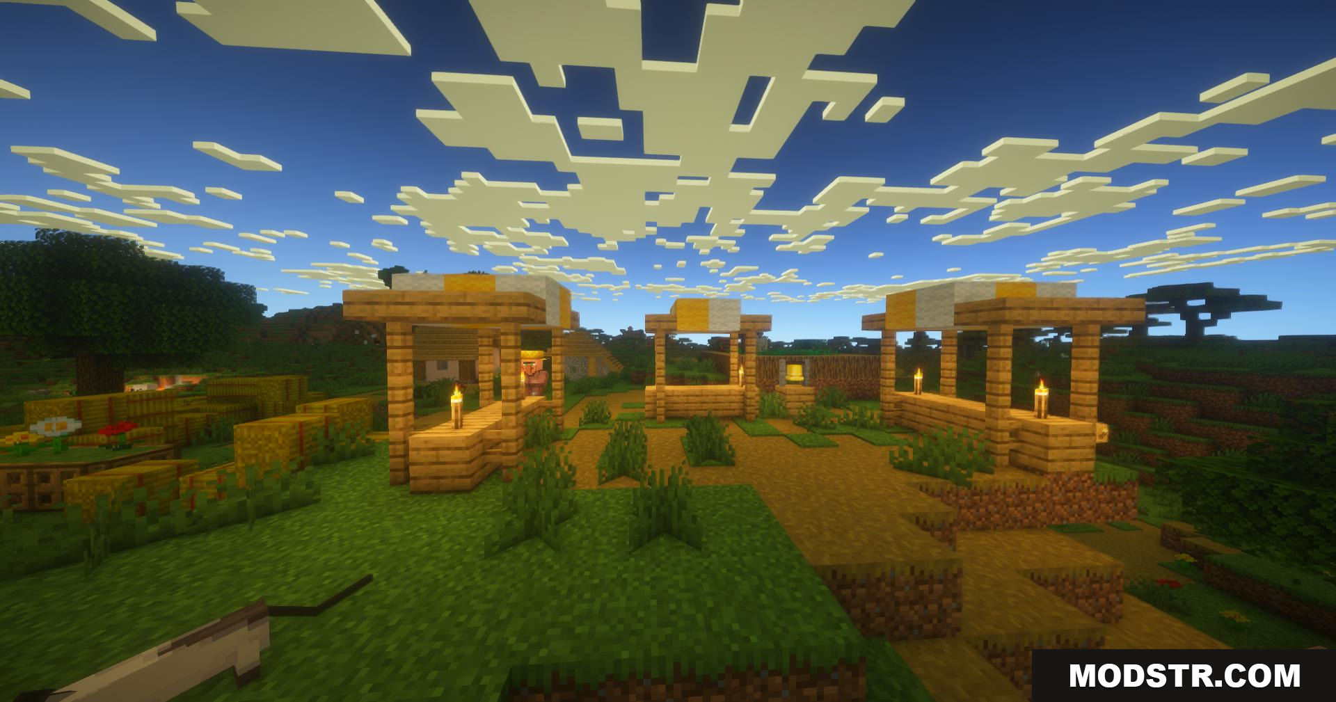 PureCraft Shaders Screenshot 2 Several wooden market stalls in a village with enhanced lighting