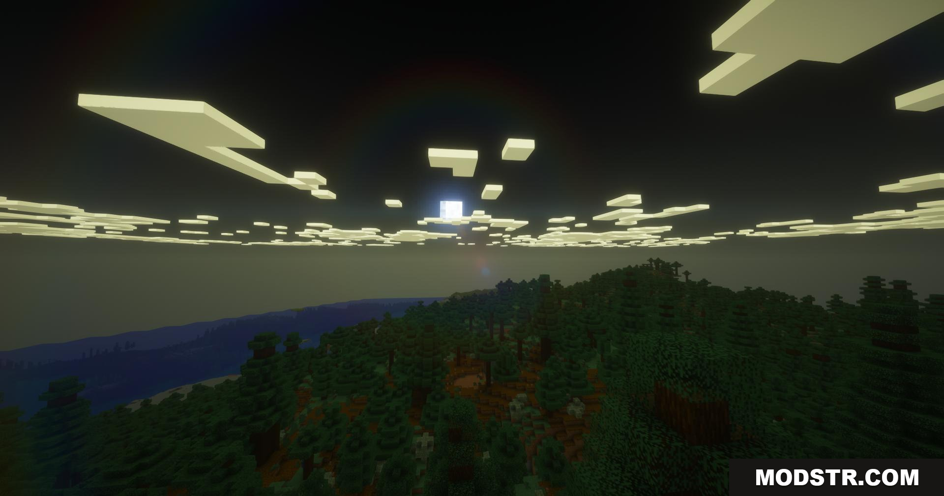 PureCraft Shaders Screenshot 10 Wide forest and ocean landscape under a softly glowing moon