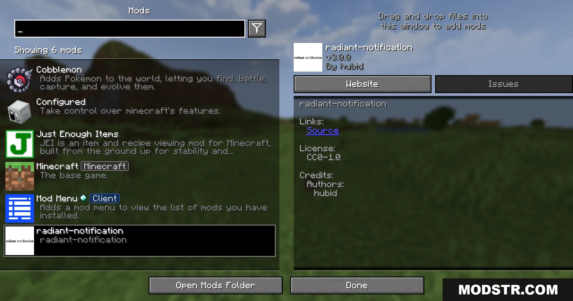 Radiant Notification Cobblemon Addon Mod Screenshot 1 Mod menu screen displaying the installed radiant notification addon in the list