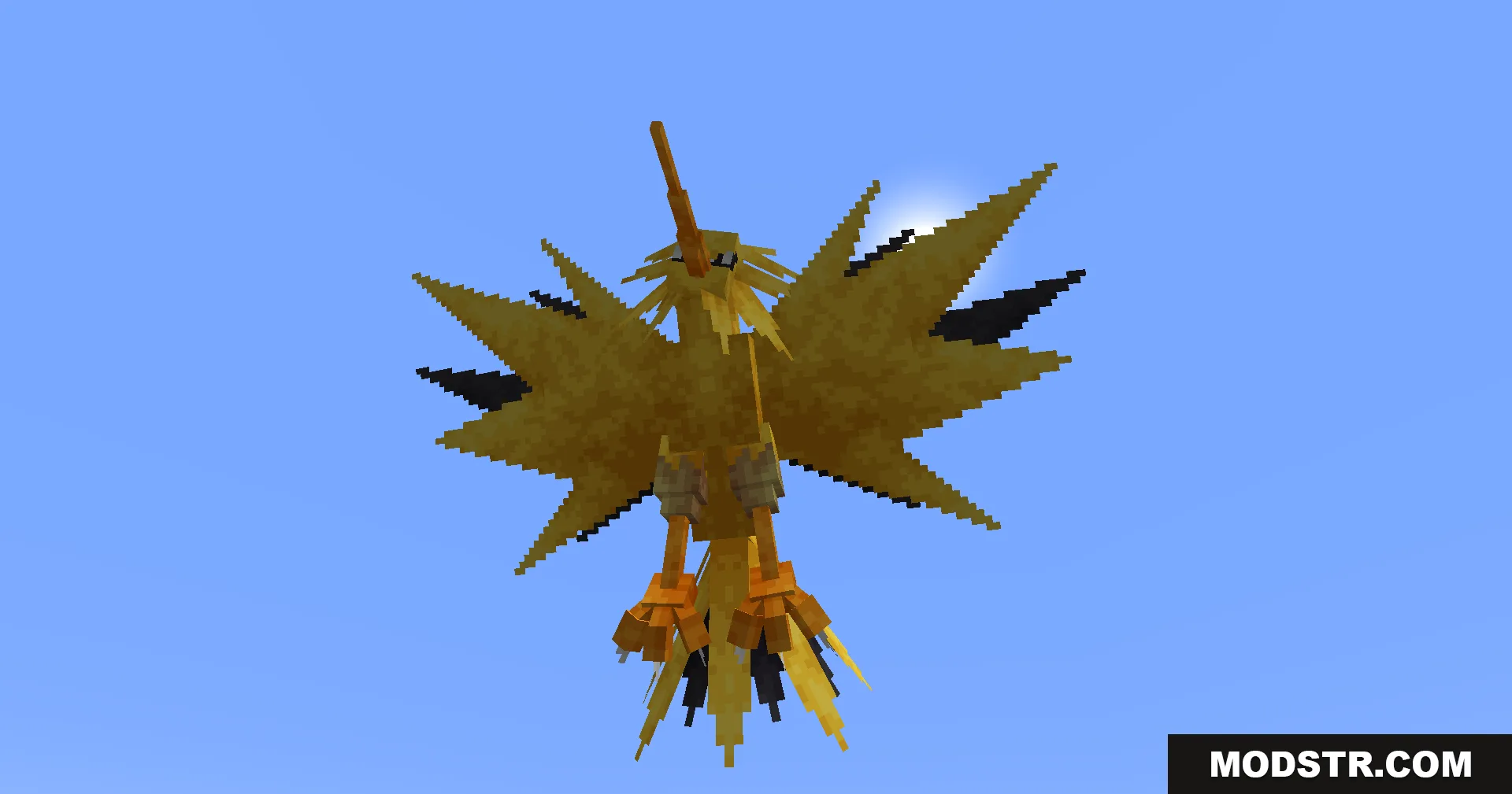 Radiant Notification Cobblemon Addon Mod Screenshot 10 A yellow legendary bird creature flying high up in the blue sky