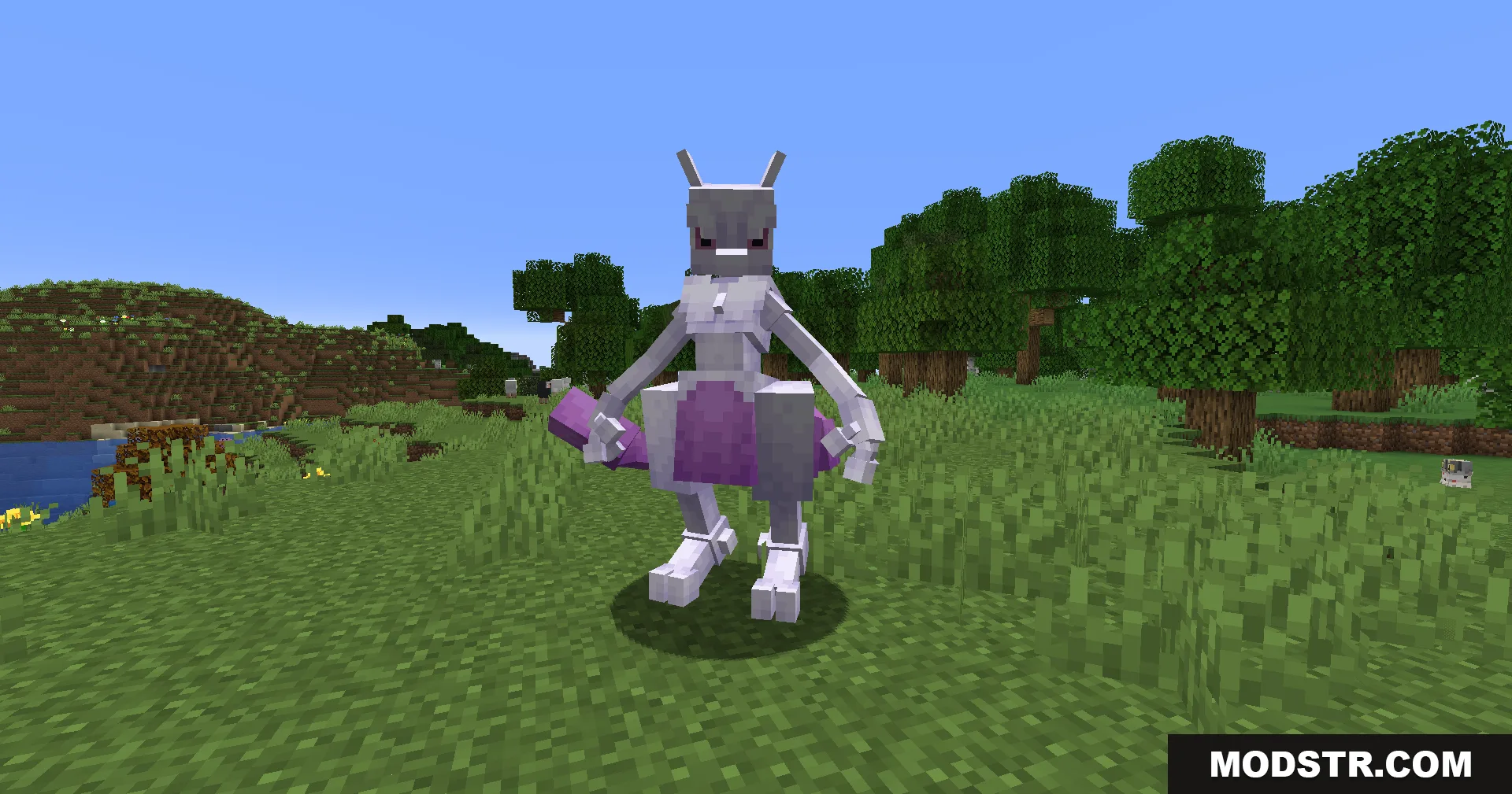 Radiant Notification Cobblemon Addon Mod Screenshot 6 Blocky legendary Mewtwo standing alone in a grassy field surrounded by trees