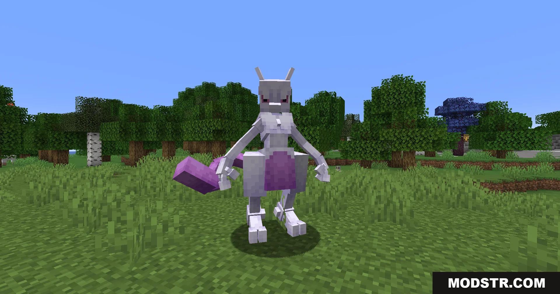 Radiant Notification Cobblemon Addon Mod Screenshot 7 Legendary Mewtwo character standing in a green forest environment in Minecraft