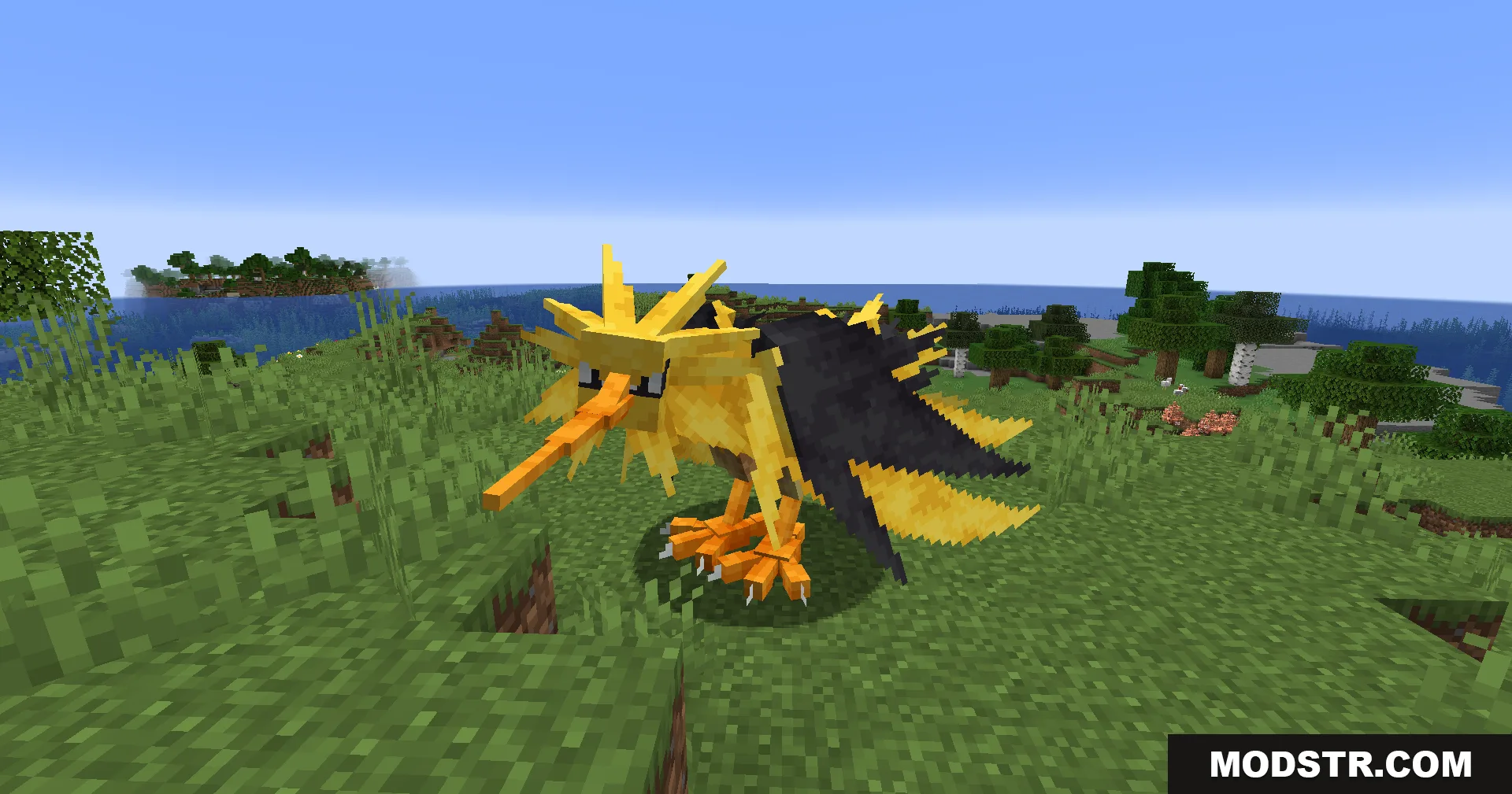 Radiant Notification Cobblemon Addon Mod Screenshot 8 Legendary Zapdos bird standing on a grassy field near the ocean