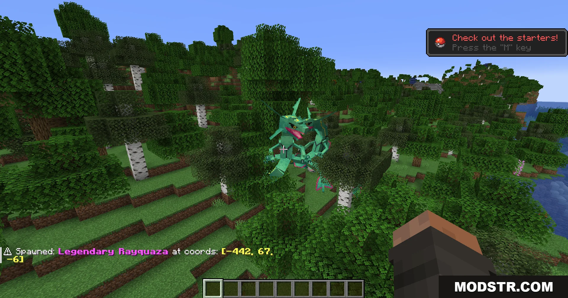 Radiant Notification Cobblemon Addon Mod Screenshot 2 Legendary Rayquaza spawning in a forest with a chat alert showing its coordinates