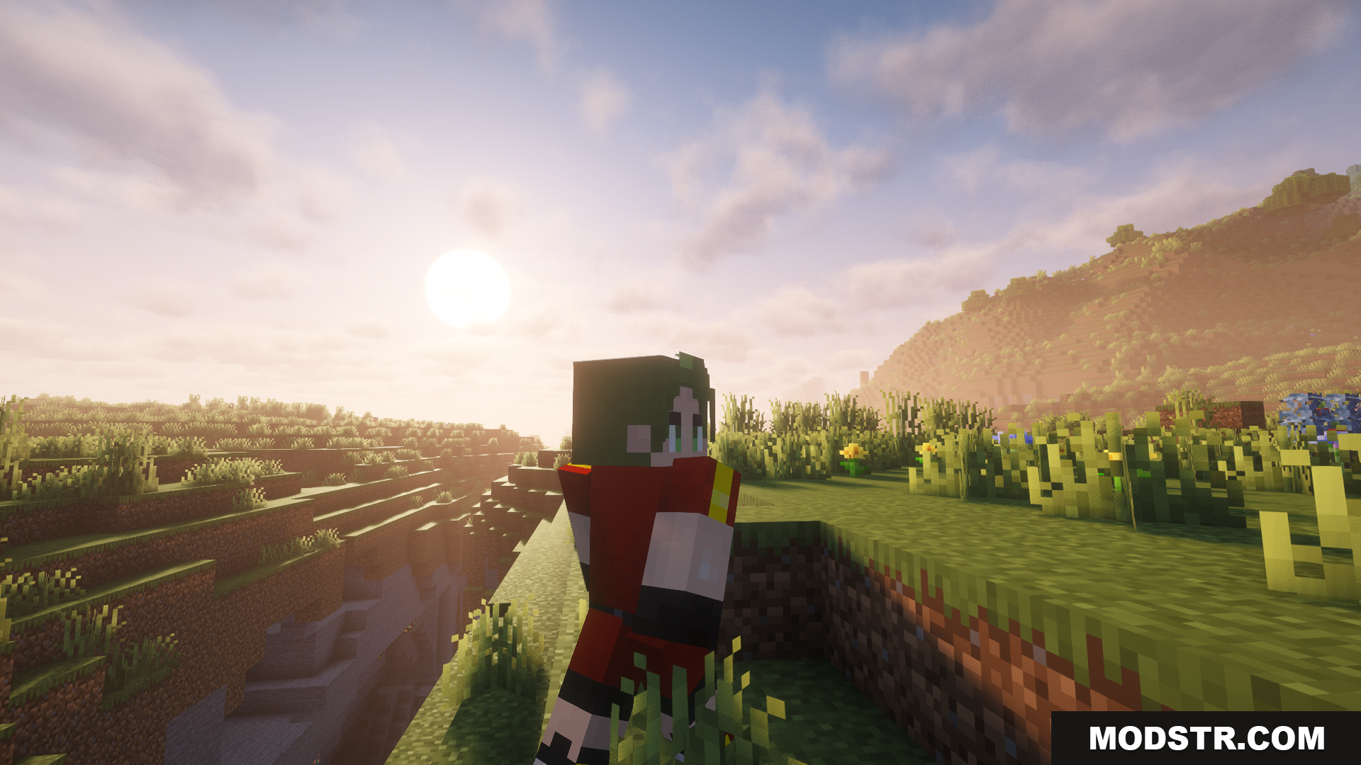 Radical Cobblemon Trainer Textures Plus Resource Pack Screenshot 7 A Cobblemon trainer watches the sunrise over a hilly landscape
